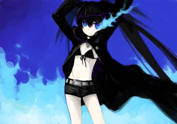 bikini_top black_rock_shooter black_rock_shooter_(character) blue_eyes coat long_hair midriff pale_skin saikachi_(ogre_tree) scar shorts solo twintails