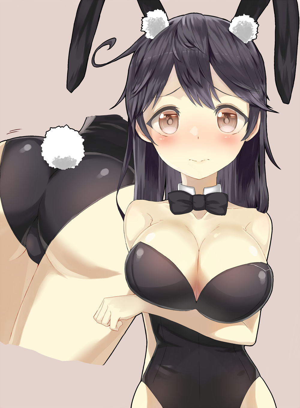 ahoge animal_ears ass bare_shoulders blush bow bowtie breast_hold breasts brown_eyes bunny_ears bunny_girl bunny_tail bunnysuit cleavage collarbone commentary_request covered_navel detached_collar embarrassed fake_animal_ears highres kantai_collection large_breasts long_hair looking_at_viewer solo tail ushio_(kantai_collection) wrist_cuffs yamato_(muchuu_paradigm)