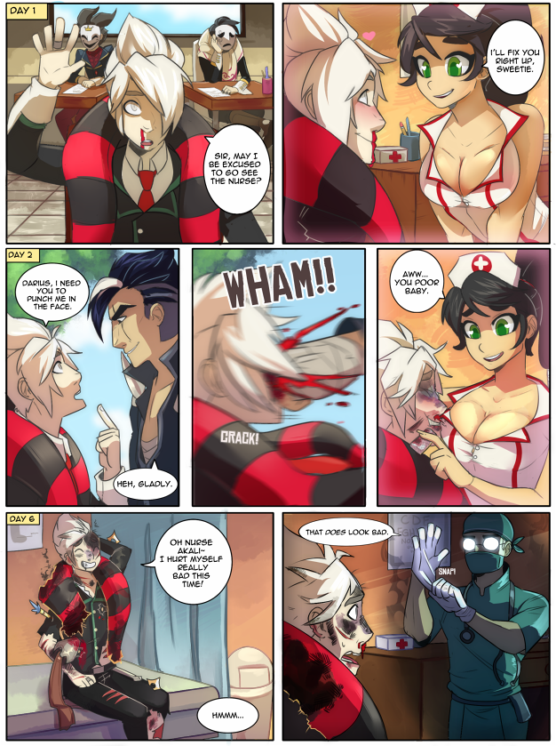 1girl 5boys akali blood breasts cleavage darius_(league_of_legends) english green_eyes league_of_legends multiple_boys nosebleed nurse punch school shen tagme vladimir