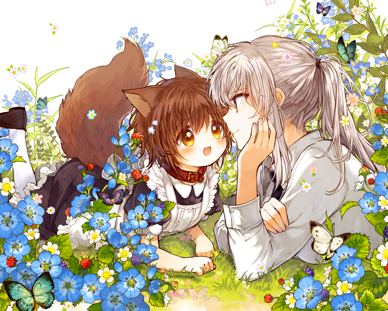 age_difference animal_ears apron bad_id bad_pixiv_id blush brown_eyes brown_hair bug butterfly collar dress eye_contact flower food frilled_apron frilled_dress frills fruit goshujin-sama_to_kemonomimi_no_shoujo_meru grass hand_on_own_face insect itou_hachi long_hair looking_at_another lying maid_apron mel_(goshujin-sama_to_kemonomimi_no_shoujo_meru) multiple_girls necktie on_stomach open_mouth pantyhose ponytail raspberry shirt short_hair silver_hair smile tail white_legwear white_shirt yuri