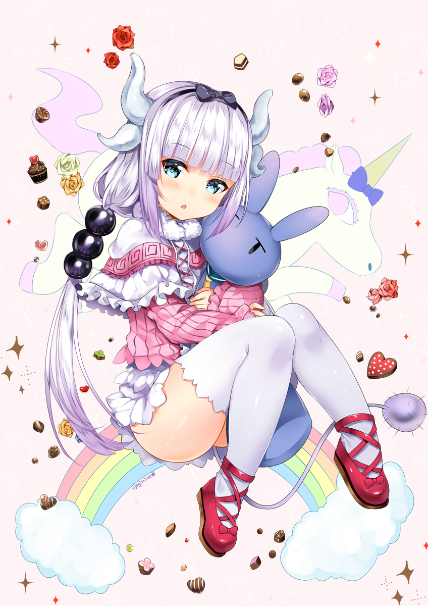 :o ass bangs beads blue_eyes blunt_bangs blush capelet chocolate dragon_girl dragon_horns flower full_body hair_beads hair_ornament hairband heart highres horns kanna_kamui knees_together_feet_apart kobayashi-san_chi_no_maidragon lavender_hair long_hair looking_at_viewer pink_flower pink_rose red_flower red_footwear red_rose rose shoes sitting solo stuffed_animal stuffed_bunny stuffed_toy tail thighhighs unicorn usagihime very_long_hair white_legwear yellow_flower yellow_rose