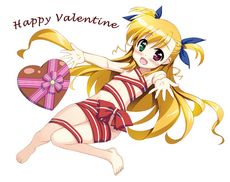 :d blonde_hair blush chocolate chocolate_heart flat_chest fujima_takuya green_eyes hair_ribbon happy_valentine heart heterochromia long_hair lyrical_nanoha mahou_shoujo_lyrical_nanoha_vivid naked_ribbon navel open_mouth outstretched_arms red_eyes ribbon shiny shiny_hair simple_background smile solo two_side_up valentine vivio white_background