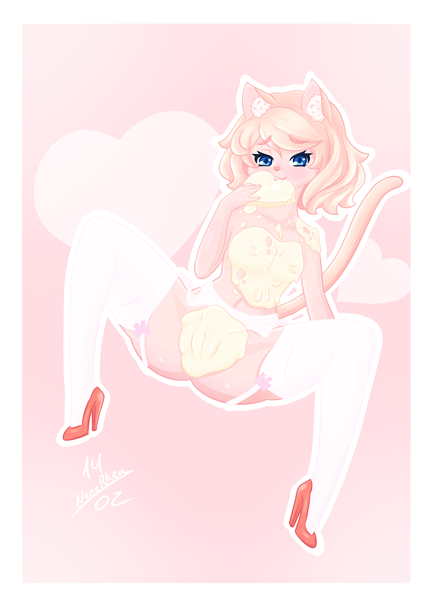 anthro blue_eyes blush breasts butt candy cat chocolate clothing feline female food footwear fur garter garter_belt garter_straps hair high_heels legwear lingerie mammal nenerhea nipples nude pink_fur pink_hair pussy rhea_(nenerhea) shoes small_breasts stockings thick_thighs wet