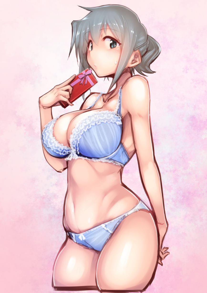 :/ arm_behind_back blue_bra blue_eyes blue_hair blue_panties blush bow box bra breasts closed_mouth collarbone cropped_legs from_side gift gift_box hidamari_sketch highres holding holding_gift kagami_uekusa lace lace-trimmed_bra large_breasts looking_at_viewer navel nori panties pink_background pink_bow pink_ribbon ribbon short_hair sketch solo sweatdrop twintails underwear underwear_only valentine