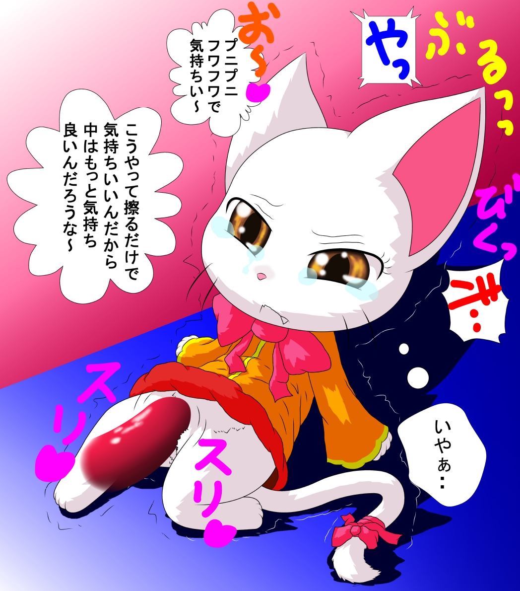 cat charle clothing crying disembodied_penis dress exceed fairy_tail feline female imminent_rape japanese_text long_tail male mammal penis pussy pussy_rubbing ribbons shaking tail_ribbon tears text trembling whitecat-blackcat