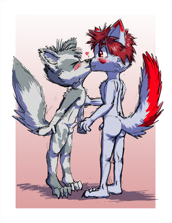 &lt;3 anthro arctic_fox balls blush butt canine circumcised claws cub cyber dakkawolf duo erection eyes_closed fangs fox fur goric gradient_background grey_fur hair hand_on_arm holidays kissing male male/male mammal nude penis red_eyes red_fur red_hair simple_background smile standing valentine's_day wolf young