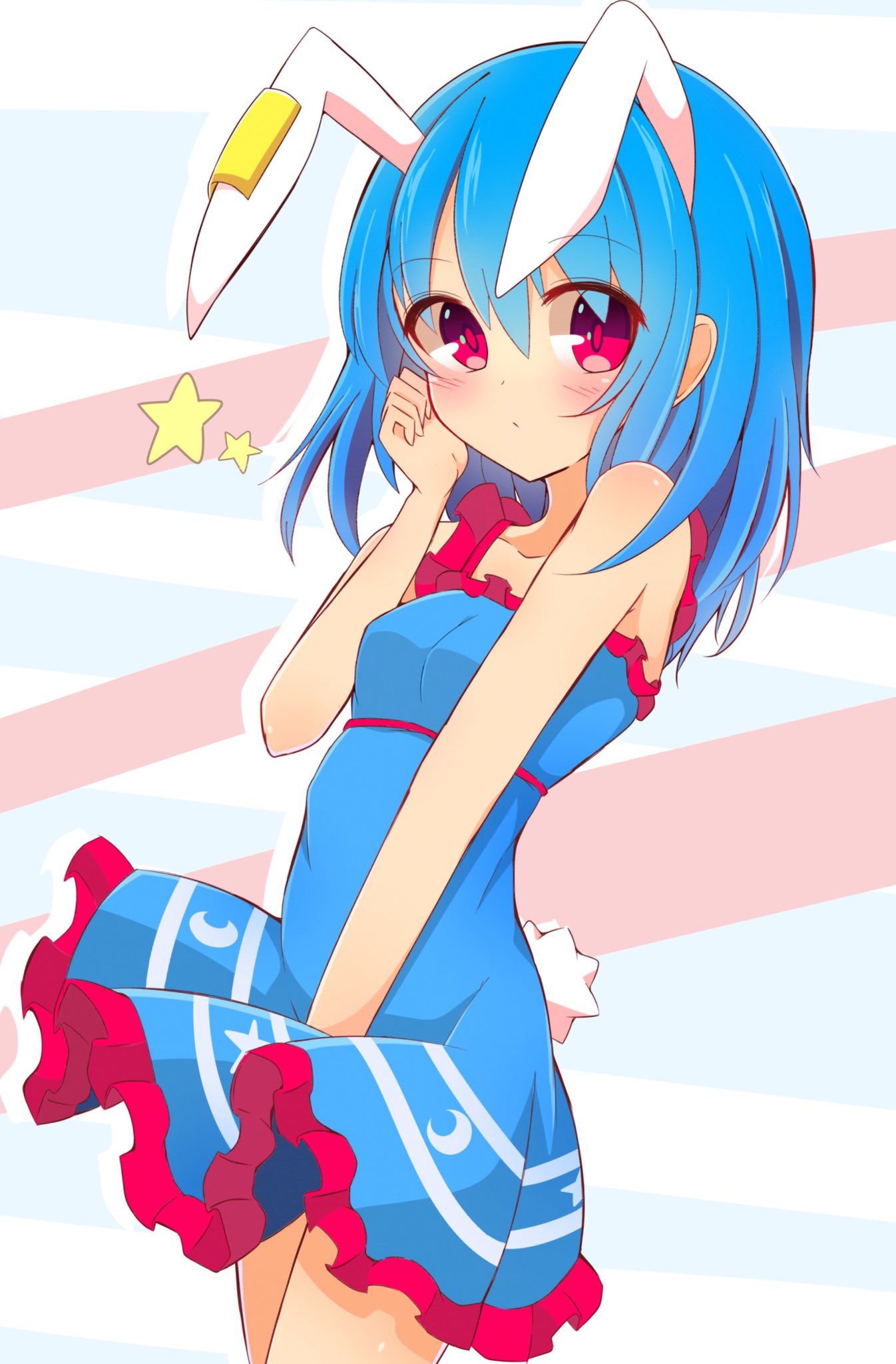 1girl animal_ears blue_dress blue_hair bunny_ears bunny_tail commentary_request dress dress_tug hand_on_own_face highres inon long_hair red_eyes seiran_(touhou) short_dress solo tail touhou wind wind_lift