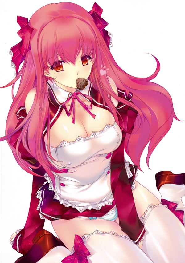 amane_(dream_c_club) apron arm_support breasts chocolate chocolate_heart cleavage_cutout detached_sleeves dream_c_club dream_c_club_(series) dress from_above hair_ribbon heart large_breasts long_hair looking_at_viewer min-naraken mouth_hold panties pantyshot pantyshot_(sitting) pink_hair red_dress red_eyes ribbon sidelocks sitting skindentation solo striped striped_panties thighhighs thighs underwear waist_apron white_legwear