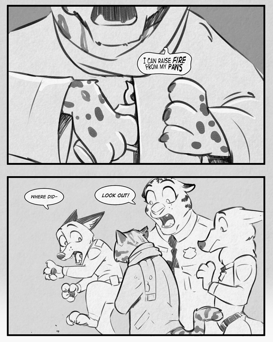 anthro canine clothed clothing comic dialogue dipstick_ears disney feline female fox group gun male mammal mistermead monochrome nick_wilde officer_fangmeyer police_uniform ranged_weapon sharp_teeth size_difference speech_bubble teeth text tiger tongue uniform weapon wolf wolford zootopia