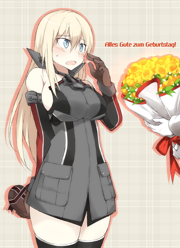 admiral_(kantai_collection) arm_behind_back bangs bare_shoulders bismarck_(kantai_collection) black_legwear blonde_hair blue_eyes blush bouquet breasts brown_gloves buttons detached_sleeves eyebrows_visible_through_hair flower german gloves grey_hat hair_between_eyes halterneck hat heart holding kantai_collection large_breasts long_hair long_sleeves looking_at_another looking_to_the_side military military_uniform no_bra open_mouth peaked_cap pink_background plaid plaid_background pocket sideboob silhouette skindentation souji standing straight_hair sweatdrop taut_clothes thighhighs tongue translated uniform valentine white_gloves