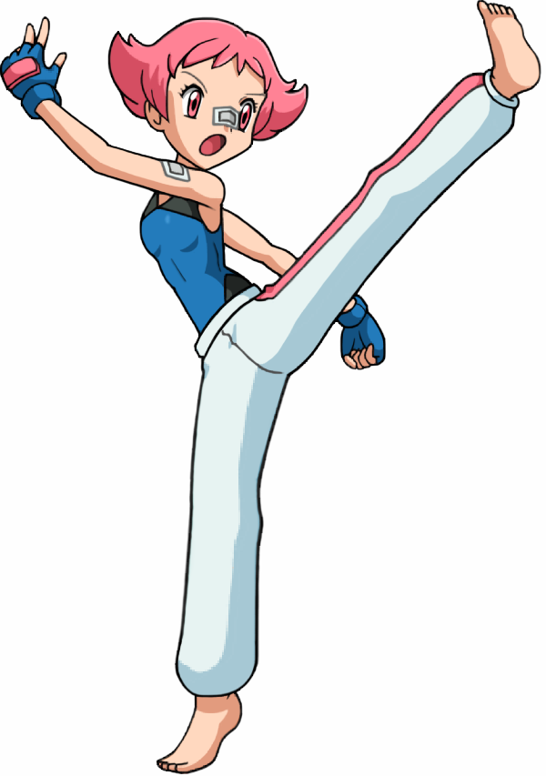 1girl bandaid bandaid_on_nose bare_shoulders barefoot fingerless_gloves full_body gloves gym_leader leg_up open_mouth pants pink_eyes pink_hair pokemon pokemon_(game) pokemon_dppt short_hair simple_background skin_tight sleeveless solo standing standing_on_one_leg sumomo_(pokemon) sweatpants tank_top track_pants white_background