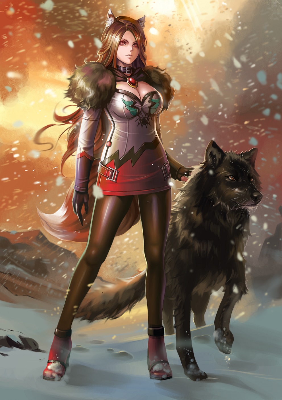 alternate_costume animal animal_ears ankle_boots backlighting banned_artist belt_buckle black_fur black_gloves black_legwear boots breasts brooch brown_hair brown_legwear buckle choker cleavage closed_mouth contrapposto dress expressionless footprints full_body fur fur_trim gem gloves highres imaizumi_kagerou jewelry large_breasts long_hair looking_afar motion_blur mountain outdoors pantyhose red_footwear ruby_(stone) short_dress snow snowing standing storm strapless strapless_dress tail touhou tube_dress unbuckled_belt very_long_hair whiskers white_dress wind wolf wolf_ears wolf_tail yinan_cui
