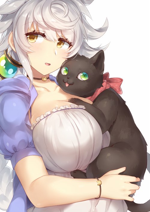 alternate_costume animal asymmetrical_hair breasts casual cat collarbone dress hair_between_eyes holding holding_animal jitome kantai_collection large_breasts long_hair looking_at_viewer open_mouth silver_hair solo unryuu_(kantai_collection) upper_body very_long_hair white_dress yamaarashi yellow_eyes