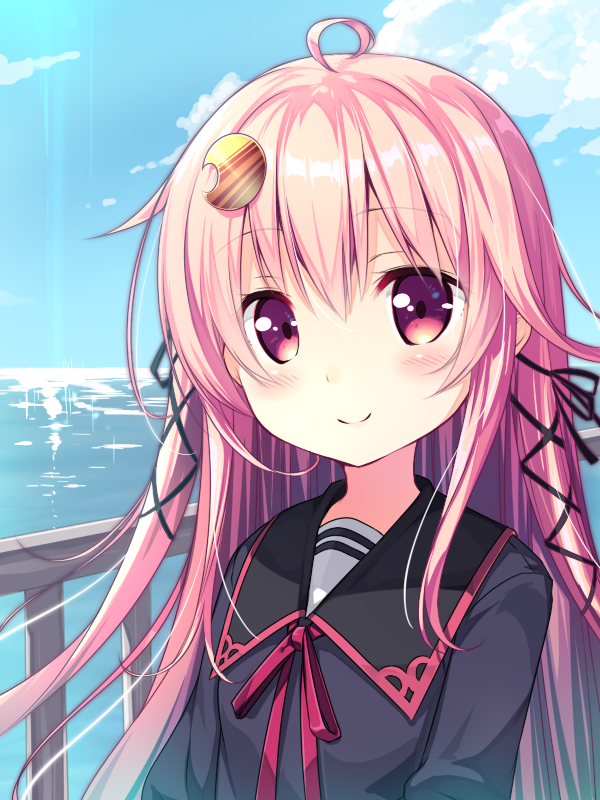 ahoge bangs blue_sky blush c: closed_mouth cloud cloudy_sky commentary_request crescent crescent_hair_ornament day eyebrows_visible_through_hair hair_between_eyes hair_ornament horizon kantai_collection long_hair looking_at_viewer ocean outdoors pink_eyes pink_hair red_ribbon ribbon school_uniform serafuku sky smile solo upper_body usume_shirou uzuki_(kantai_collection)