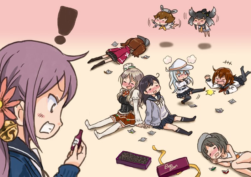 +++ 6+girls ahoge akebono_(kantai_collection) alcohol bell black_hair blonde_hair blue_eyes blush brown_hair chocolate clenched_teeth comic commentary cossack_dance crossed_arms dancing diving_mask_on_head dress drooling drunk face_down flapping flat_cap flower flying full-face_blush hair_bell hair_flaps hair_flower hair_ornament hat hat_removed headdress headgear headwear_removed hibiki_(kantai_collection) ikazuchi_(kantai_collection) japanese_clothes jingle_bell kantai_collection kariginu laughing leaning_on_person long_hair long_sleeves lying maru-yu_(kantai_collection) mini_hat multiple_girls neckerchief no_shoes nose_blush on_side on_stomach open_mouth otoufu pantyhose pleated_skirt pola_(kantai_collection) purple_eyes purple_hair ryuujou_(kantai_collection) sailor_dress school_swimsuit school_uniform serafuku shadow shikigami short_hair short_sleeves side_ponytail sidelocks silver_hair skirt slam sleeping smile surprised sweater swimsuit teeth thighhighs tokitsukaze_(kantai_collection) twintails ushio_(kantai_collection) verniy_(kantai_collection) visor_cap white_swimsuit wrapper yukikaze_(kantai_collection)