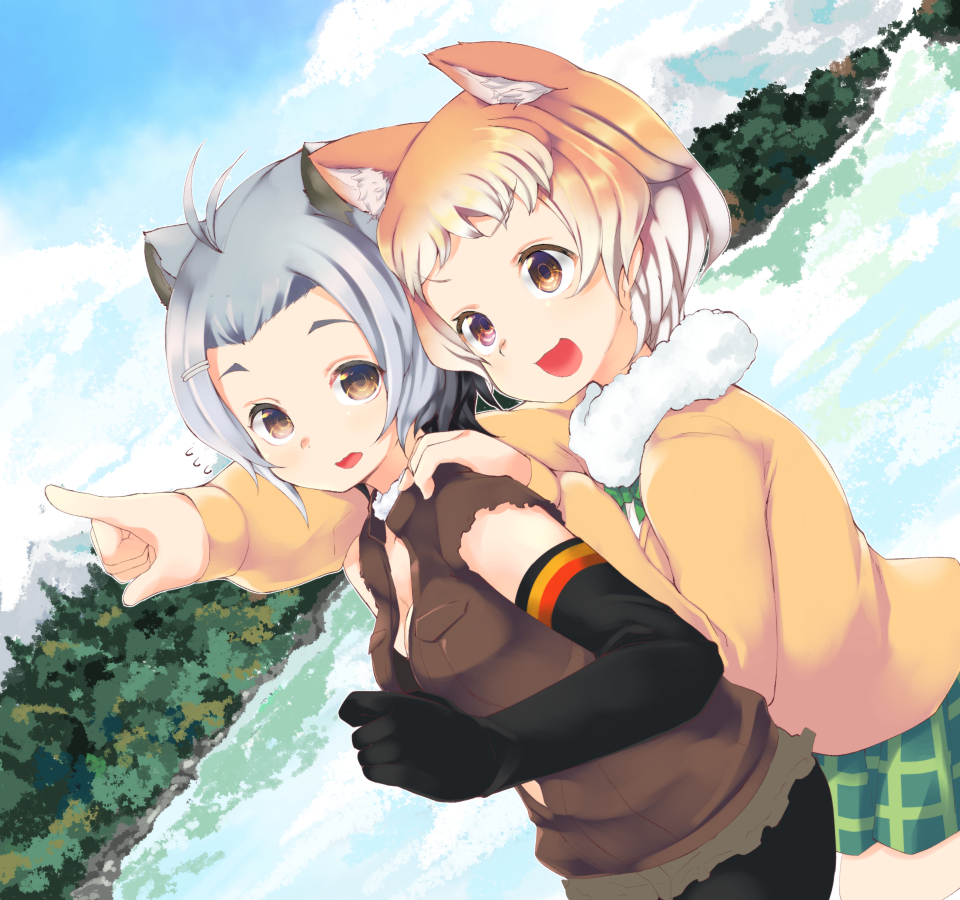 :d ahoge american_beaver_(kemono_friends) animal_ear_fluff animal_ears azuki_akizuki beaver_ears bike_shorts black-tailed_prairie_dog_(kemono_friends) brown_eyes cloud commentary_request day dutch_angle elbow_gloves forehead frilled_shorts frills fur_collar gloves gradient_hair grey_hair hair_ornament hairclip hand_on_another's_shoulder jacket kemono_friends lake looking_at_viewer mountain multicolored_hair multiple_girls open_clothes open_jacket open_mouth orange_hair pointing prairie_dog_ears short_hair short_shorts shorts skirt sky smile sweatdrop sweater torn_clothes torn_sleeves tree v-shaped_eyebrows water
