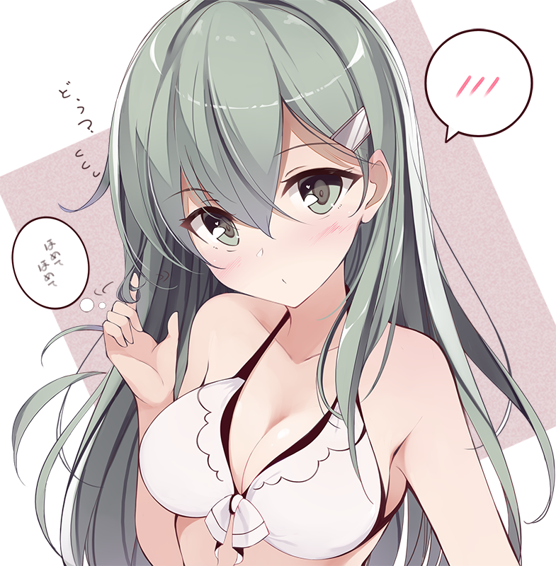 bare_arms bare_shoulders bikini bikini_top blush bow breasts cleavage closed_mouth collarbone eyebrows_visible_through_hair front-tie_bikini front-tie_top green_eyes green_hair hair_between_eyes hair_ornament hair_twirling hairclip head_tilt kantai_collection long_hair looking_at_viewer medium_breasts motion_lines netarou solo spoken_blush suzuya_(kantai_collection) swimsuit tareme thinking thought_bubble translated upper_body white_bikini white_bow