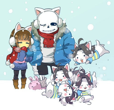 ahoge androgynous animal_earmuffs animal_slippers black_hair black_legwear black_shorts blue_jacket blue_shirt blue_shorts boots brown_footwear brown_hair bunny_slippers closed_eyes earmuffs eyebrows_visible_through_hair frisk_(undertale) grin jacket long_sleeves lowres one_eye_closed open_mouth purple_sweater red_scarf sans scarf shirt shorts skeleton smile snow snowing socks striped striped_sweater sweater temmie undertale yugaiga