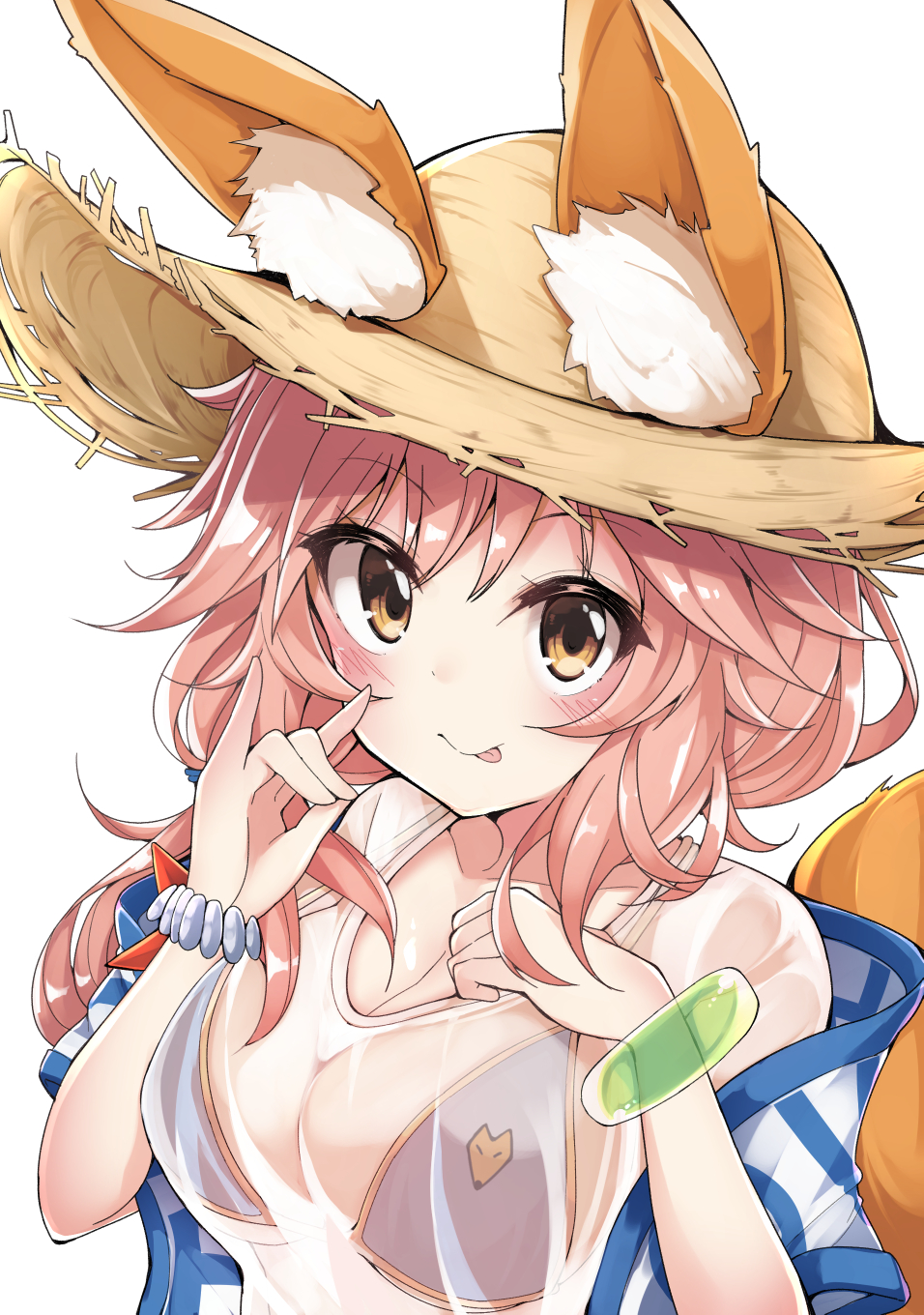 animal_ears bikini bikini_top blue_bikini blush bracelet breasts cleavage collarbone commentary_request ears_through_headwear fate/grand_order fate_(series) fox_ears fox_shadow_puppet fox_tail hand_on_own_chest harumari hat highres jewelry large_breasts long_hair looking_at_viewer pink_hair see-through shirt simple_background smile solo straw_hat sun_hat swimsuit t-shirt tail tamamo_(fate)_(all) tamamo_no_mae_(fate) tamamo_no_mae_(swimsuit_lancer)_(fate) tongue tongue_out upper_body wet wet_clothes wet_shirt wet_t-shirt white_background yellow_eyes