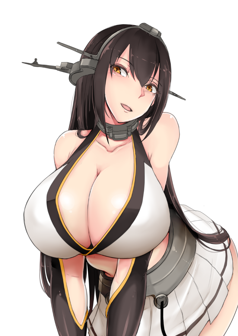 bare_shoulders black_hair breasts brown_eyes cleavage erimiko huge_breasts kantai_collection leaning_forward long_hair miniskirt nagato_(kantai_collection) simple_background skirt smile solo v_arms white_background