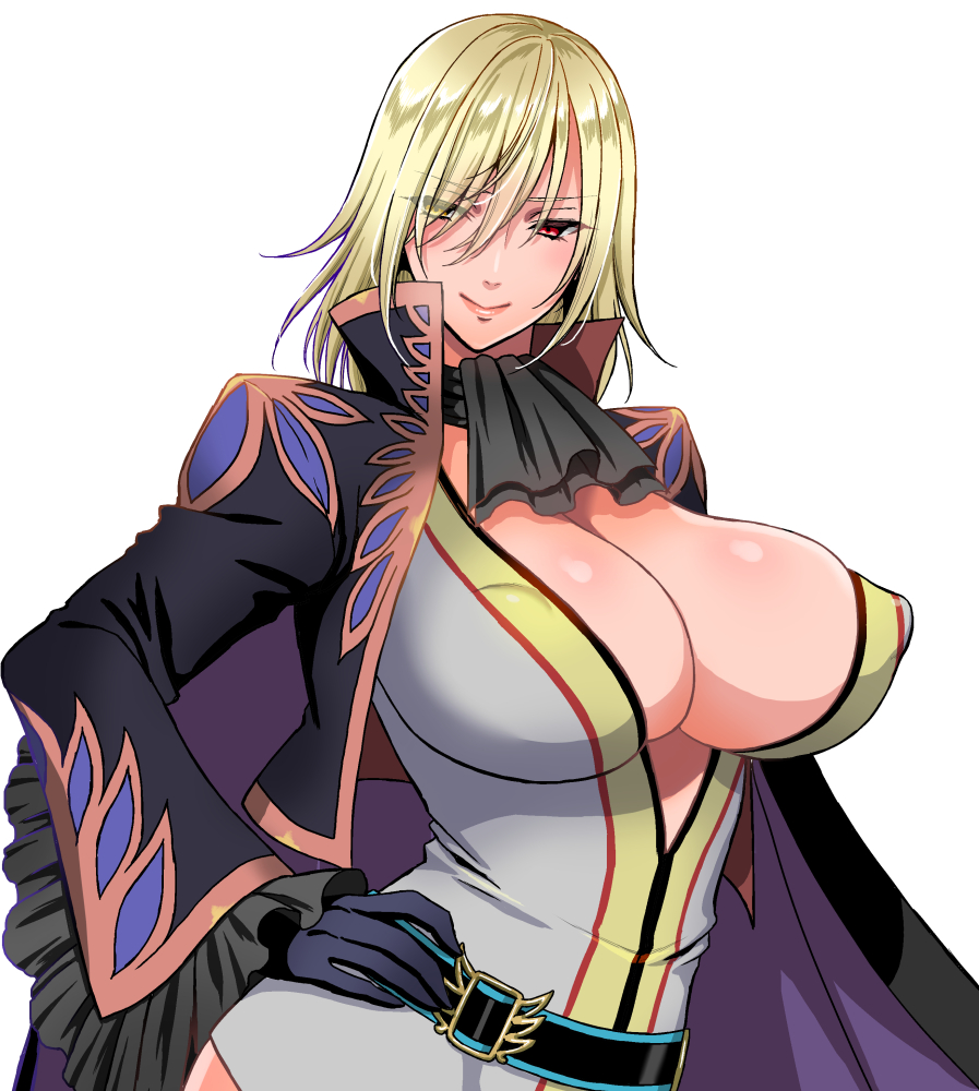 ascot belt black_gloves blonde_hair blush breasts cape cleavage closed_mouth commentary_request covered_nipples genderswap genderswap_(mtf) gloves hand_on_hip heterochromia huge_breasts jacket long_hair long_sleeves open_clothes open_jacket red_eyes richard_(tales) smile solo tales_of_(series) tales_of_graces upper_body usagi_nagomu wide_sleeves yellow_eyes