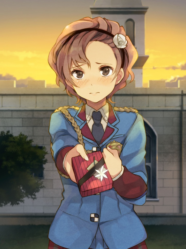 black_neckwear brown_eyes brown_hair coleen_celsius flower giving hair_flower hair_ornament incoming_gift looking_at_viewer military military_uniform necktie outdoors senjou_no_valkyria senjou_no_valkyria_2 short_hair solo tree twilight uniform upper_body white_flower