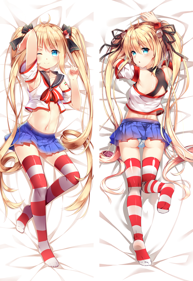 :o ;) andrea_doria_(zhan_jian_shao_nyu) ass bare_shoulders black_ribbon blonde_hair blue_eyes blue_skirt dakimakura detached_sleeves dice_hair_ornament full_body hair_ornament hair_ribbon italian_flag long_hair looking_at_viewer lying midriff miniskirt multiple_views navel on_back on_stomach one_eye_closed open_mouth panties pleated_skirt ribbon sailor_collar skirt smile striped striped_legwear thighhighs twintails underwear very_long_hair white_panties xia_xiang_(ozicha) zhan_jian_shao_nyu
