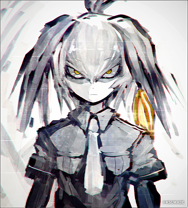 ahoge commentary_request hair_between_eyes head_wings kei-suwabe kemono_friends limited_palette looking_at_viewer necktie shirt shoebill_(kemono_friends) short_sleeves solo staring twintails twitter_username upper_body white_background wings yellow_eyes