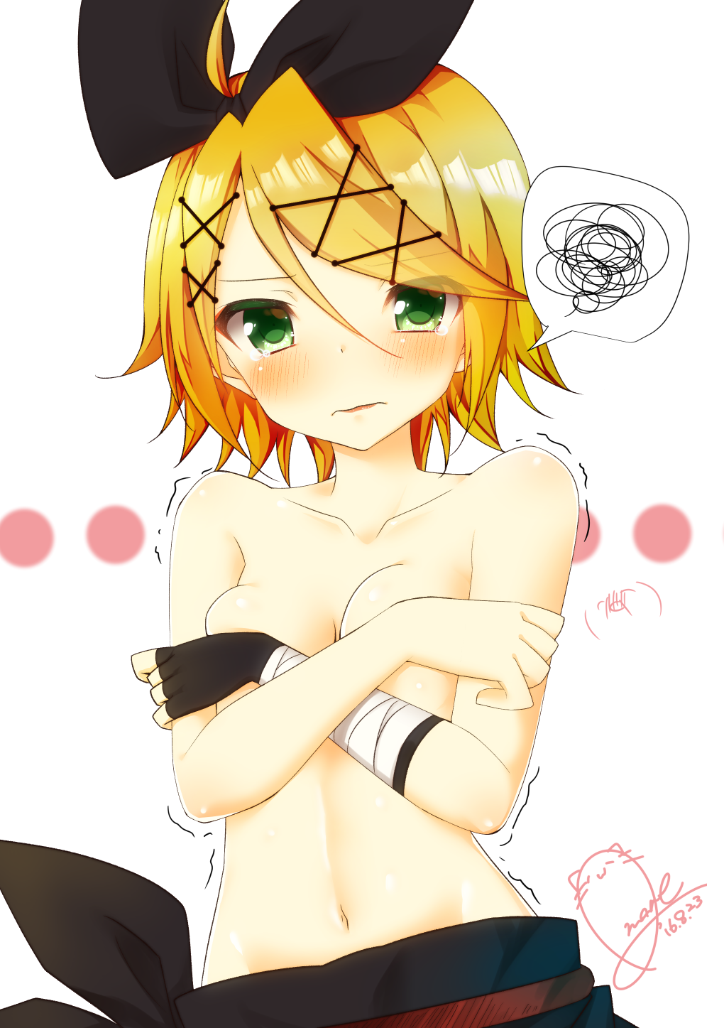 2016 ^q^ amane_(amnk1213) bandages blonde_hair blush bow covering covering_breasts crying crying_with_eyes_open dated embarrassed fingerless_gloves gloves green_eyes hair_bow hair_ornament hairclip highres iroha_uta_(vocaloid) kagamine_rin navel project_diva_(series) project_diva_extend short_hair signature solo stomach tears topless trembling upset vocaloid wavy_mouth