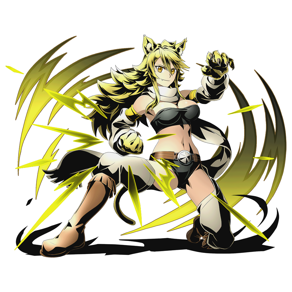 akame_ga_kill! alpha_transparency animal_ears belt black_bra black_panties blonde_hair boots bra breasts brown_footwear cat_ears cat_tail cleavage divine_gate fang full_body hair_over_one_eye knee_boots large_breasts leone long_hair looking_at_viewer midriff navel official_art one_knee panties paws scarf shadow smile solo stance strapless strapless_bra tail thighhighs transparent_background ucmm underwear yellow_eyes