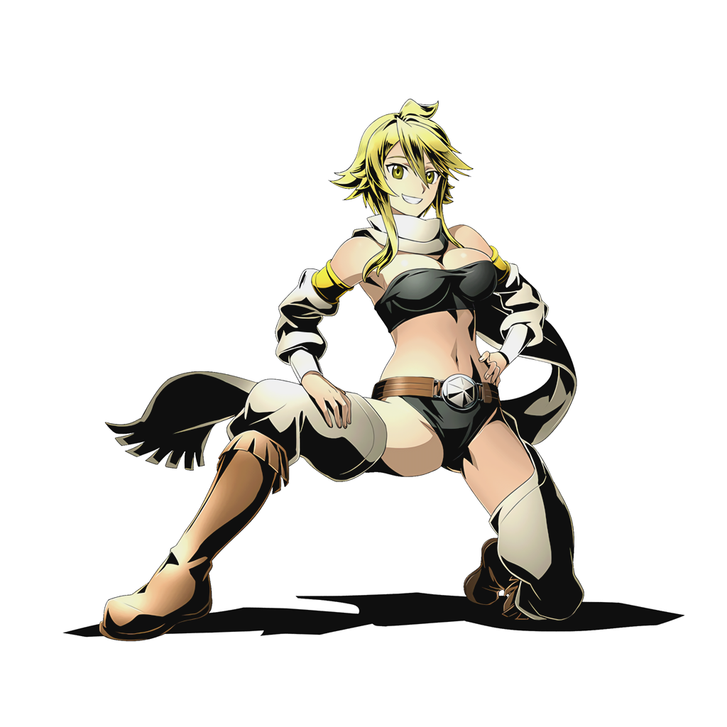 akame_ga_kill! alpha_transparency belt black_bra black_panties boots bra breasts brown_footwear cleavage detached_sleeves divine_gate full_body grin hair_between_eyes hand_on_hip knee_boots large_breasts leone midriff navel official_art one_knee panties scarf shadow short_hair_with_long_locks sidelocks smile solo strapless strapless_bra thighhighs transparent_background ucmm underwear yellow_eyes