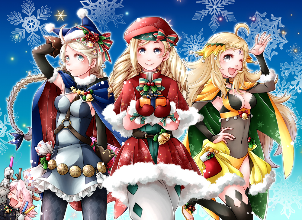 1boy 3girls ahoge antlers arm_up bell belt black_gloves blonde_hair blue_background blue_eyes blush_stickers bow braid breasts cape center_opening circlet cleavage closed_mouth covered_navel dress drill_hair ebi_puri_(ebi-ebi) elbow_gloves eponine_(fire_emblem_if) eyes_closed fire_emblem fire_emblem_if foleo_(fire_emblem_if) fur_trim gloves glowstick hairband hand_on_headwear hat leg_up long_hair long_sleeves medium_breasts mittens multiple_girls nintendo one_eye_closed open_mouth ophelia_(fire_emblem_if) pink_hair red_hat red_mittens reindeer_antlers simple_background smile snowflakes soleil_(fire_emblem_if) white_hair
