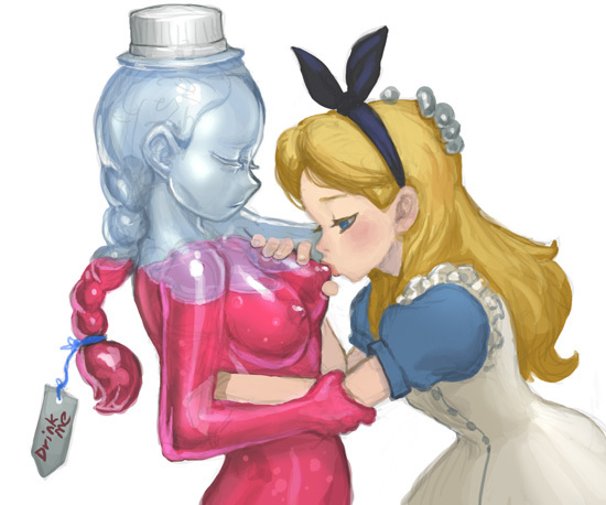 alice_(wonderland) alice_in_wonderland apron blonde_hair blue_eyes blue_skin blush bottle bottle_cap braid breast_feeding breast_sucking breasts commentary_request dress drink_me_potion drinking english formal frills hair_ribbon hairband hat holding loped medium_breasts multiple_girls personification petting potion red_skin ribbon rubbing scrunchie shrinking_bottle simple_background single_braid tag top_hat transparent undershirt water what yuri