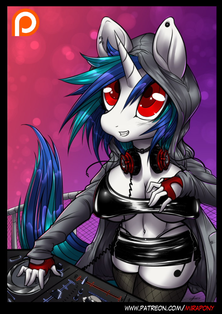 2017 anthro anthrofied blue_hair breasts chocker cleavage clothed clothing collar cutie_mark equine fangs female fingerless_gloves fishnet fishnet_legwear friendship_is_magic gloves hair headphones hoodie horn legwear mammal miniskirt mirapony my_little_pony nipple_bulge piercing record_player red_eyes skirt solo stockings thong turntable_(record_player) unicorn vinyl_scratch_(mlp)