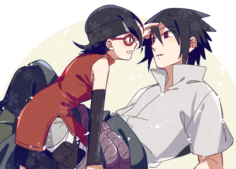 1boy 1girl age_difference bangs black_hair boruto:_naruto_the_movie boruto:_the_movie cheeks daughter elbow eyebrows father father_and_daughter female forehead_protector glasses light_skin male naruto naruto_shippuuden red_eyes sharingan short_hair shoulder spiked_hair time_paradox uchiha_sarada uchiha_sasuke white_background