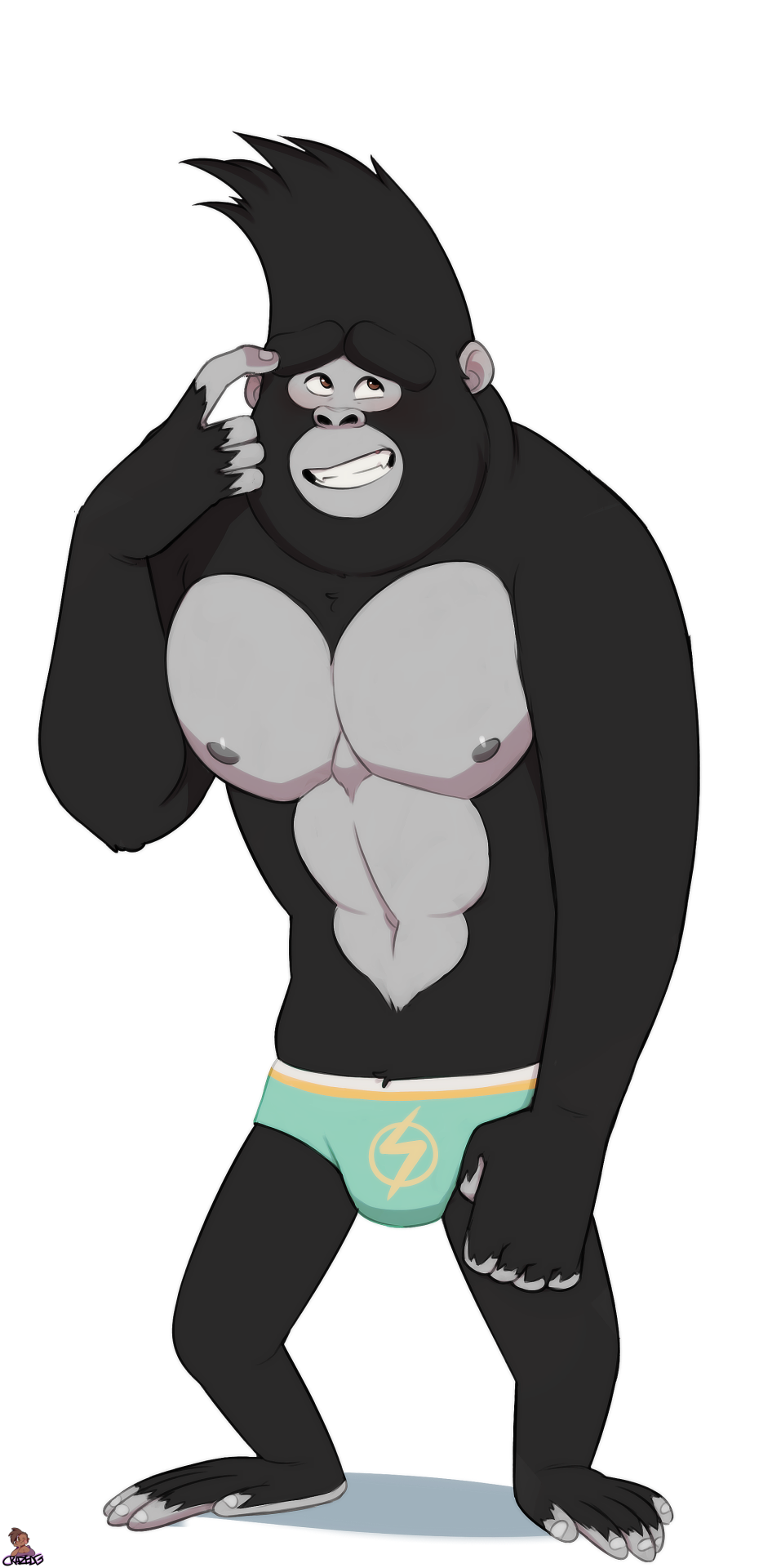 anthro ape black_fur brown_eyes clothing crazedg fur gorilla grin johnny_(sing) male mammal nipples primate simple_background sing_(movie) smile solo swimsuit white_background