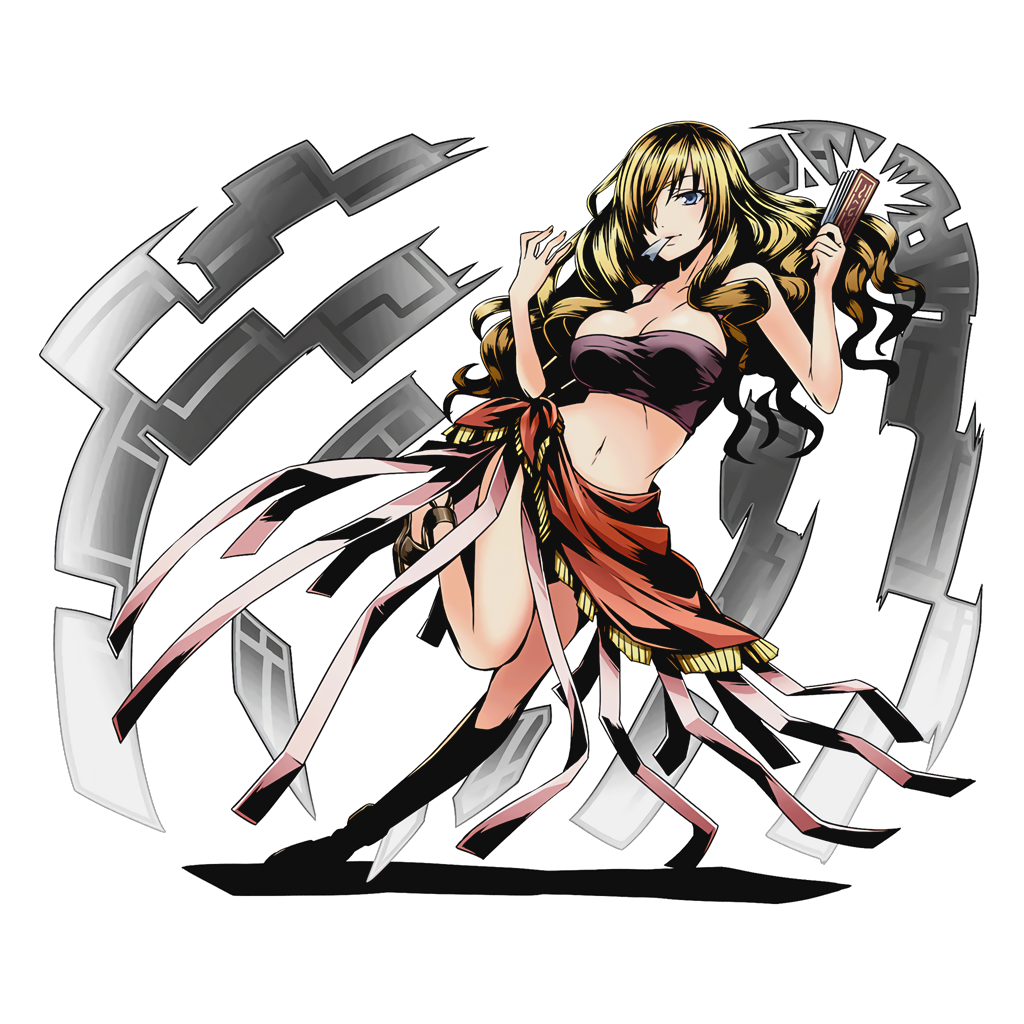 alpha_transparency black_bra blonde_hair bra breasts cleavage collarbone divine_gate floating_hair full_body grey_eyes hair_over_one_eye large_breasts leg_up long_hair midriff mouth_hold navel official_art oriana_thomason sarong shadow solo strapless strapless_bra to_aru_majutsu_no_index transparent_background ucmm underwear