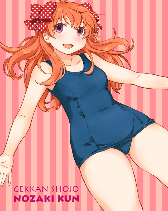 1girl blush bow breasts gekkan_shoujo_nozaki-kun hair_bow long_hair looking_at_viewer medium_breasts orange_hair polka_dot polka_dot_bow purple_eyes sakura_chiyo solo swimsuit takagi_hideaki