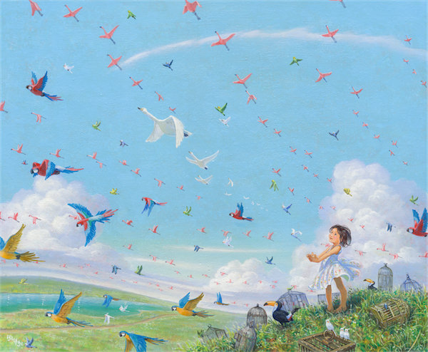 acrylic_paint_(medium) bare_arms barefoot bird birdcage black_hair blue-and-yellow_macaw blue_sky cage cloud cockatoo day dress flamingo grass hands_together hill looking_up macaw original outdoors parrot scarlet_macaw shiraishi_takashi short_hair sky solo stream sundress swan toucan traditional_media wind
