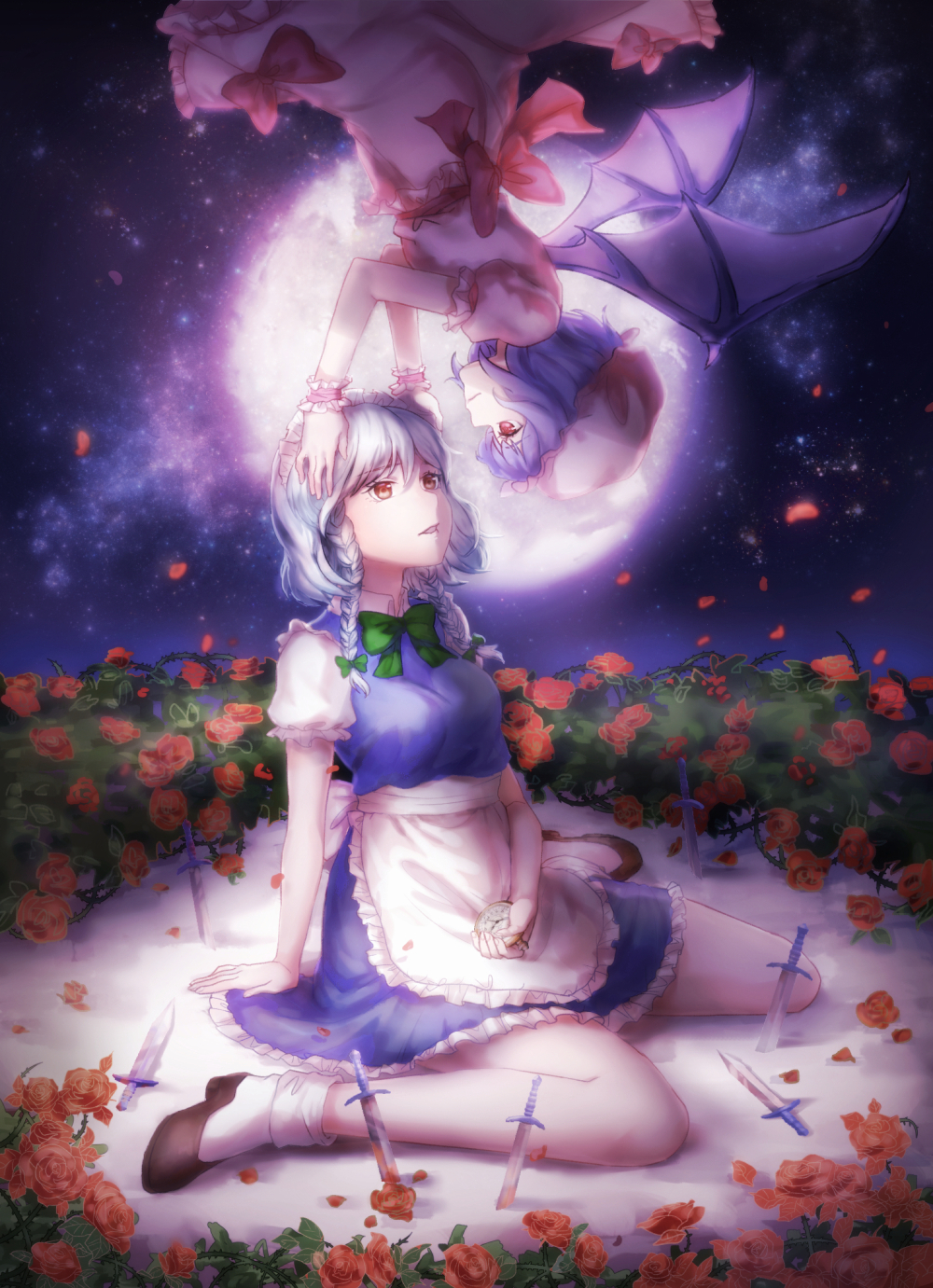 aesice apron bat_wings blue_hair braid commentary dark eye_contact flower flying full_moon hair_ribbon hands_on_another's_head hat high_heels highres izayoi_sakuya knife looking_at_another maid_headdress mob_cap moon moonlight multiple_girls night outdoors parted_lips petals planted_weapon pocket_watch puffy_short_sleeves puffy_sleeves red_eyes red_flower red_rose remilia_scarlet ribbon rose short_hair short_sleeves silver_hair sitting sitting_on_ground skirt skirt_set sky socks star_(sky) starry_sky thorns touhou tress_ribbon twin_braids upside-down waist_apron wariza watch weapon wings wrist_cuffs