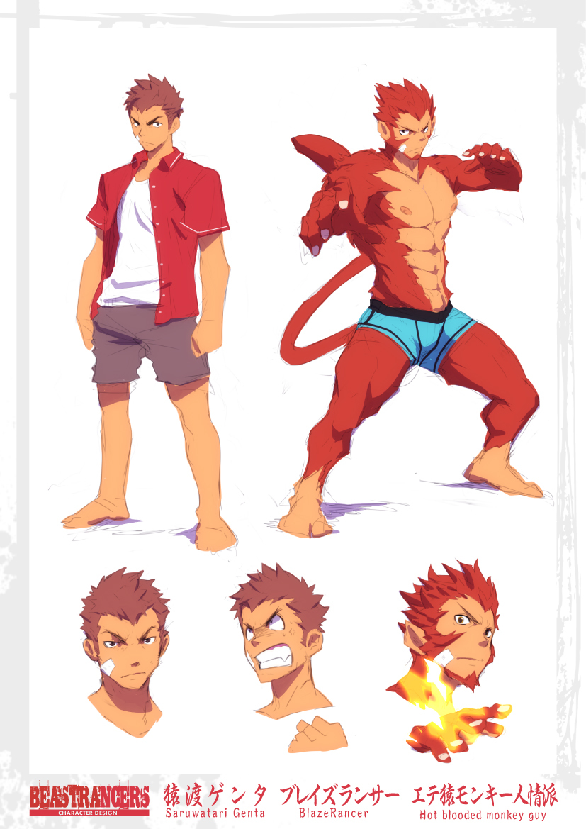 2013 abs anthro athletic bandage beastrancers blue_bottomwear blue_clothing blue_underwear brown_hair clothed clothing digital_media_(artwork) fire fur hair kurokawasudou looking_at_viewer magic male mammal model_sheet monkey multiple_images multiple_poses muscular muscular_male pose primate red_fur saruwatari_genta simple_background solo standing teeth underwear white_background