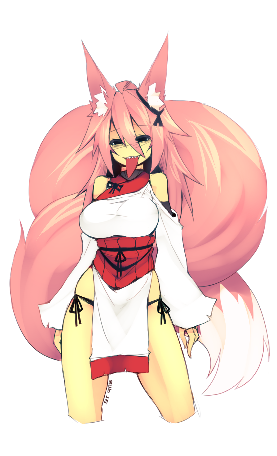 2016 animal_humanoid big_breasts big_tail breasts canine clothed clothing ear_ornament female fox fox_humanoid fully_clothed hair half-closed_eyes huge_tail humanoid hyper_tail inner_ear_fluff japanese_clothing loincloth long_hair long_sleeves long_tail long_tongue looking_at_viewer mammal momo_(sub-res) obi pink_hair pink_tail sharp_teeth simple_background smile solo spooky_fox standing sub-res teeth tongue tongue_out white_background