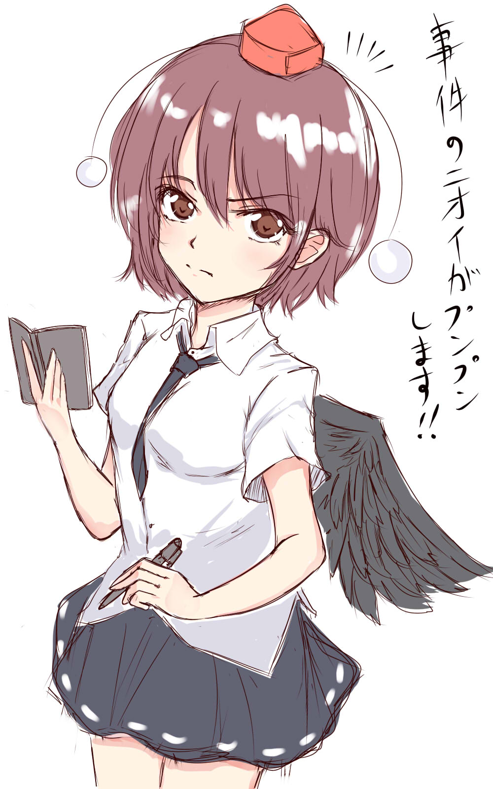 1girl between_breasts black_hair black_skirt black_wings blush book breasts brown_eyes check_translation closed_mouth collared_shirt cowboy_shot feathered_wings hat highres holding holding_book holding_pen looking_at_viewer medium_breasts necktie necktie_between_breasts open_book pen pom_pom_(clothes) purple_hair red_eyes red_hat serious shameimaru_aya shiny shiny_hair shirt short_hair short_sleeves simple_background sketch skirt solo standing tokin_hat touhou translation_request wendell white_background white_shirt wing_collar wings