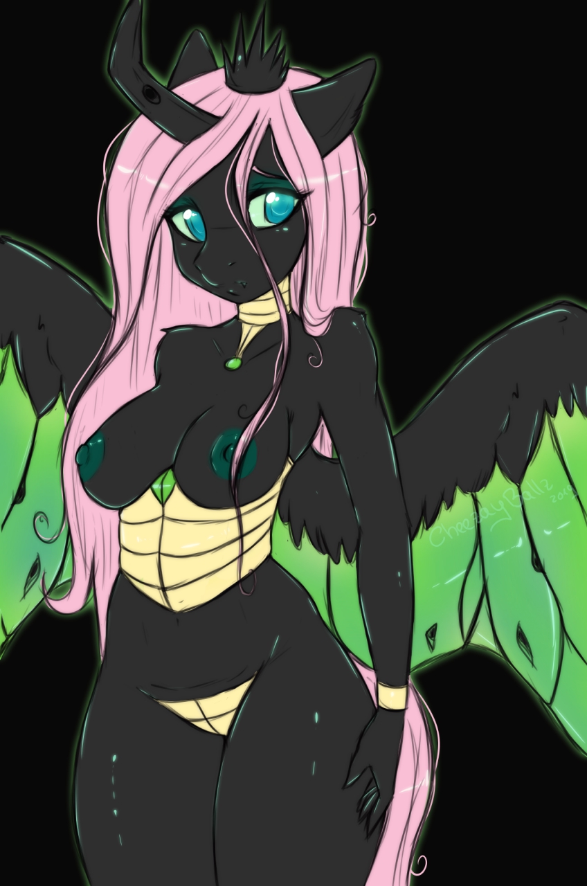 2019 areola black_background breasts changeling cheezayballz digital_media_(artwork) female fluttershy_(mlp) friendship_is_magic hair hi_res horn long_hair looking_at_viewer my_little_pony nipples simple_background solo wings