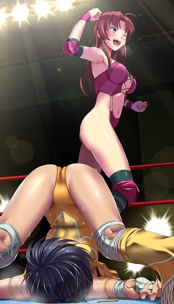 armpits blue_eyes blue_hair boots breasts brown_hair camera_flash cleavage corey_sniper corset cross-laced_footwear dark_skin despina_libre digdug006 elbow_pads fingerless_gloves gloves knee_pads leotard lights long_hair medium_breasts multiple_girls open_mouth smile sweat vest wrestle_angels wrestle_angels_survivor wrestle_angels_survivor_2 wrestling_outfit wrestling_ring yellow_leotard