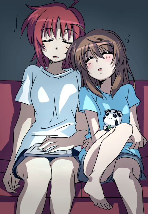 :3 barefoot black_eyes blue_shirt blush breasts brown_hair cat closed_eyes couch fuuka_reventon huracan_(vivid_strike!) long_hair lyrical_nanoha medium_breasts multiple_girls nove_(nanoha) numbers_(nanoha) on_couch open_mouth red_hair san-pon shirt short_hair sitting sleeping small_breasts vivid_strike! white_shirt