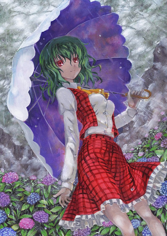 :3 breasts closed_mouth cloud cloudy_sky commentary_request cowboy_shot dutch_angle expressionless flower frilled_skirt frills green_hair hydrangea kabaji kazami_yuuka long_sleeves looking_at_viewer medium_breasts oil_painting_(medium) open_clothes open_vest plaid plaid_skirt plaid_vest rain red_eyes shirt short_hair skirt sky solo touhou traditional_media umbrella vest white_shirt yellow_neckwear