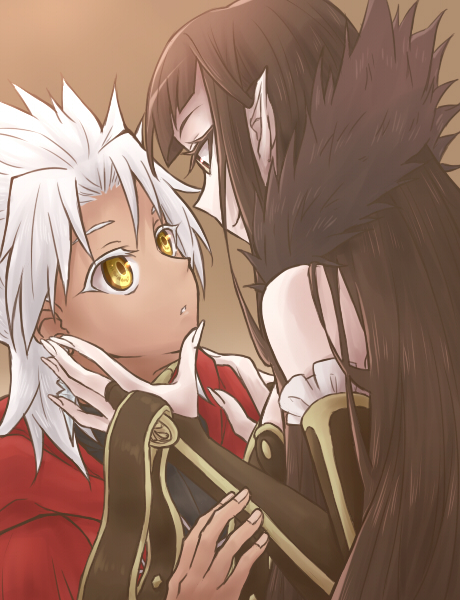 1boy 1girl assassin_of_red bare_shoulders black_hair brown_background dark_skin elbow_gloves fate/apocrypha fate_(series) frills gloves grey_hair kotomine_shirou long_hair open_mouth pointy_ears smile yellow_eyes