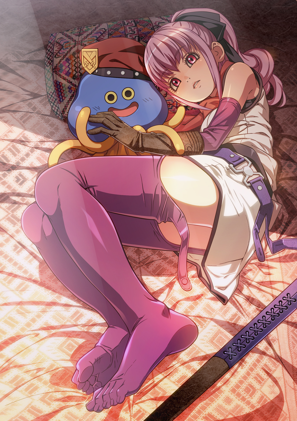 belt beret dragon_quest dragon_quest_heroes dragon_quest_heroes_ii dress elbow_gloves feet full_body gloves hat highres hoimi_slime long_hair looking_at_viewer lying monster nyoro_(nyoronyoro000) on_bed on_side pillow pink_eyes pink_hair ponytail teresia thighhighs