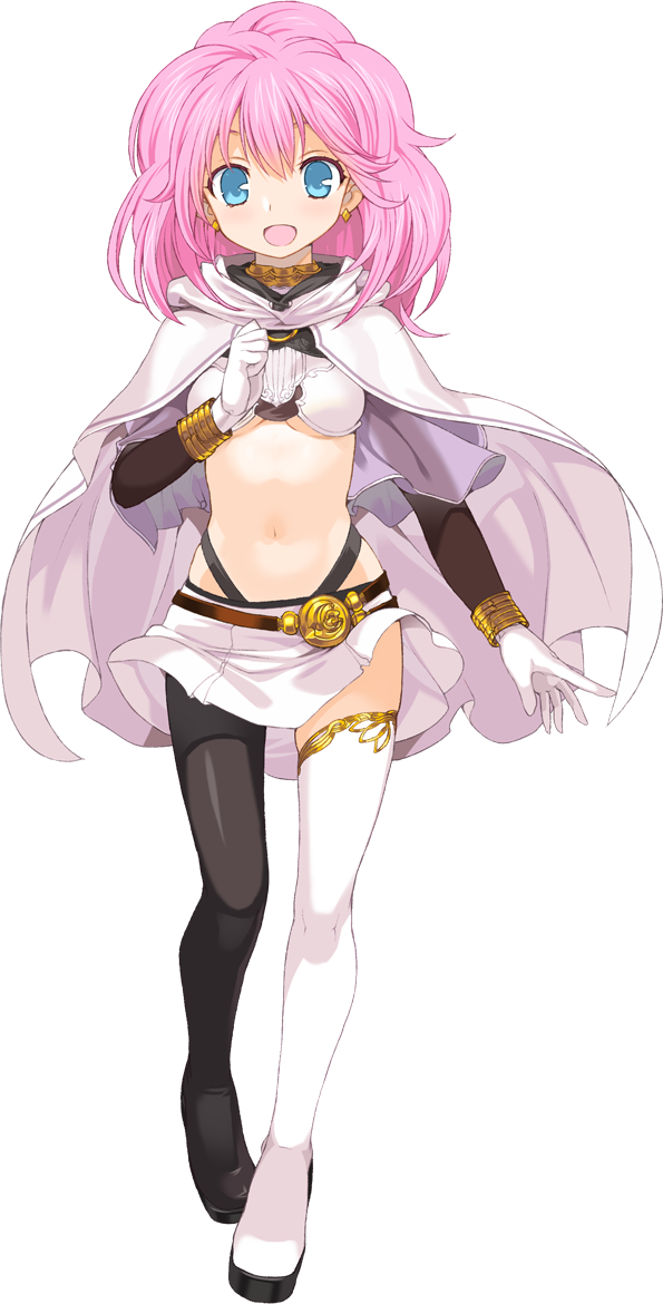 blue_eyes boots breasts cape earrings full_body gloves jewelry looking_at_viewer mismatched_legwear navel official_art open_mouth pink_hair rance_(series) shunin sill_plain skirt small_breasts solo thigh_boots thighhighs transparent_background white_gloves wind wind_lift